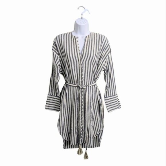 Zara White Blue Striped Button Down Tunic Shirt Long Sleeve Metallic Tassels XS - Picture 1 of 12